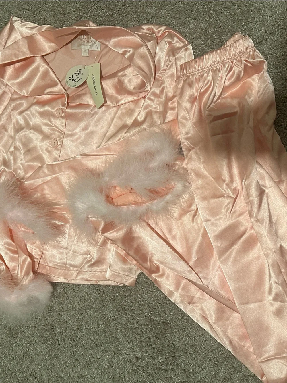 Francesca's Collections Satin Feather-Trim Pajama Set - Light Pink